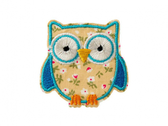 Applikation Eule, beige/blau klein Aufbügeln u. Aufkleben xMini cm 