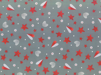 Baumwollstoff 145cm  Sterne Herz rot-grauer Hintergrund 