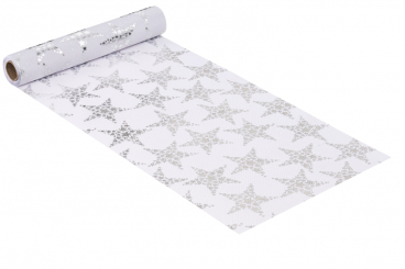 Dekostoff Leinen-optik 28 cm breit, Stern II, weiss-silber 