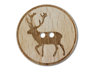 echter Holzknopf mit eingearbeitetem Hirschmotiv, 2-Loch -Größe: 18mm - 