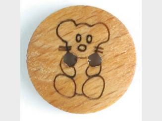 Holzknopf mit sitzendem Teddybär, 2-Loch - Größe: 15mm - Farbe: braun 