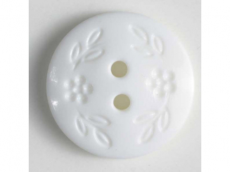 Modeknopf mit dezentem Blumendekor, 2 Loch - Größe: 15mm - Farbe: weiß - 