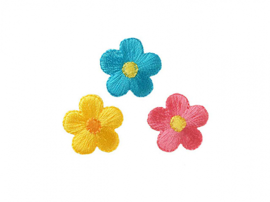Applikation 3Blüten blau/pink/gelb Ma/Us Aufbügeln u. Aufkleben xMidi 