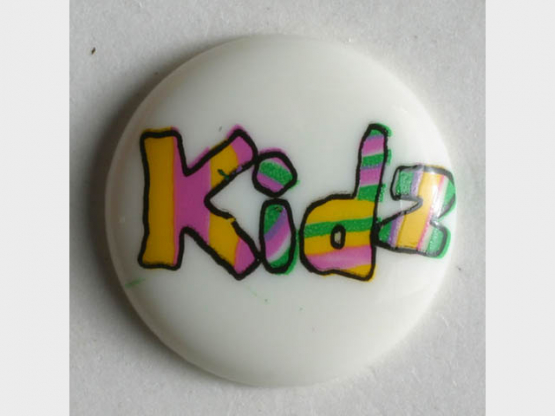 Kinderknopf lustig beschriftet mit kidz - Größe: 15mm - Farbe: weiß - 