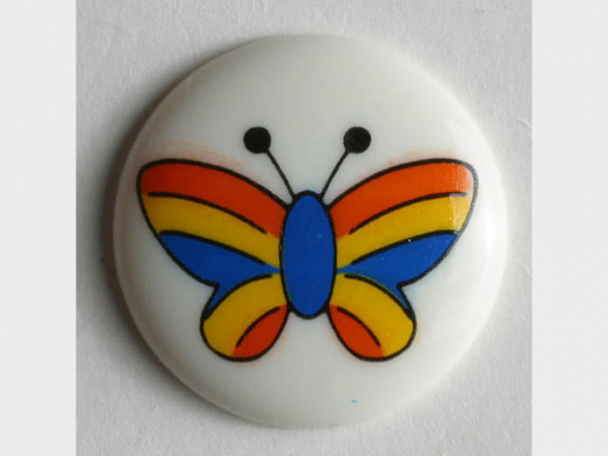 Kinderknopf mit buntem Schmetterling bemalt - Größe: 15mm - Farbe: weiß - 